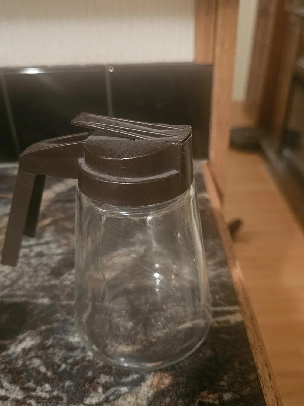 Glass Syrup Dispenser with Dark Brown Lid and Pour Spout